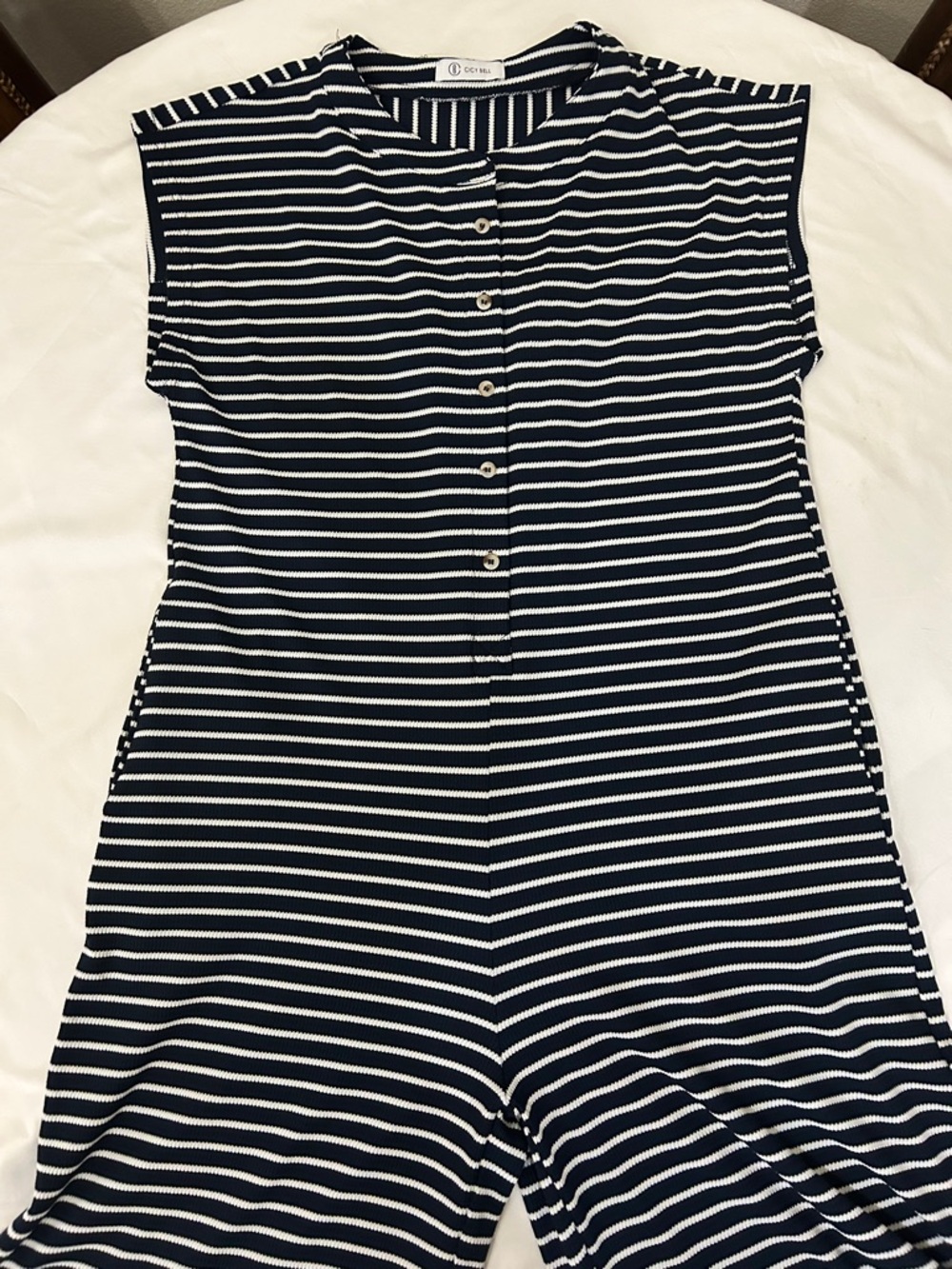 Cicy Bell Navy and White Striped Buttoned Front Flared Leg Versatile Romper. - Picture 5 of 7